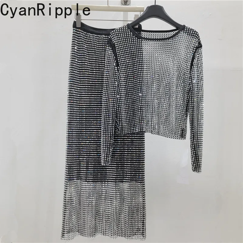 Blingbling Spring Autumn Women Two-piece Set Hollow Out Diamonds Long Sleeve T-shirt Top + Elastic Waist Shiny Long A-line Skirt