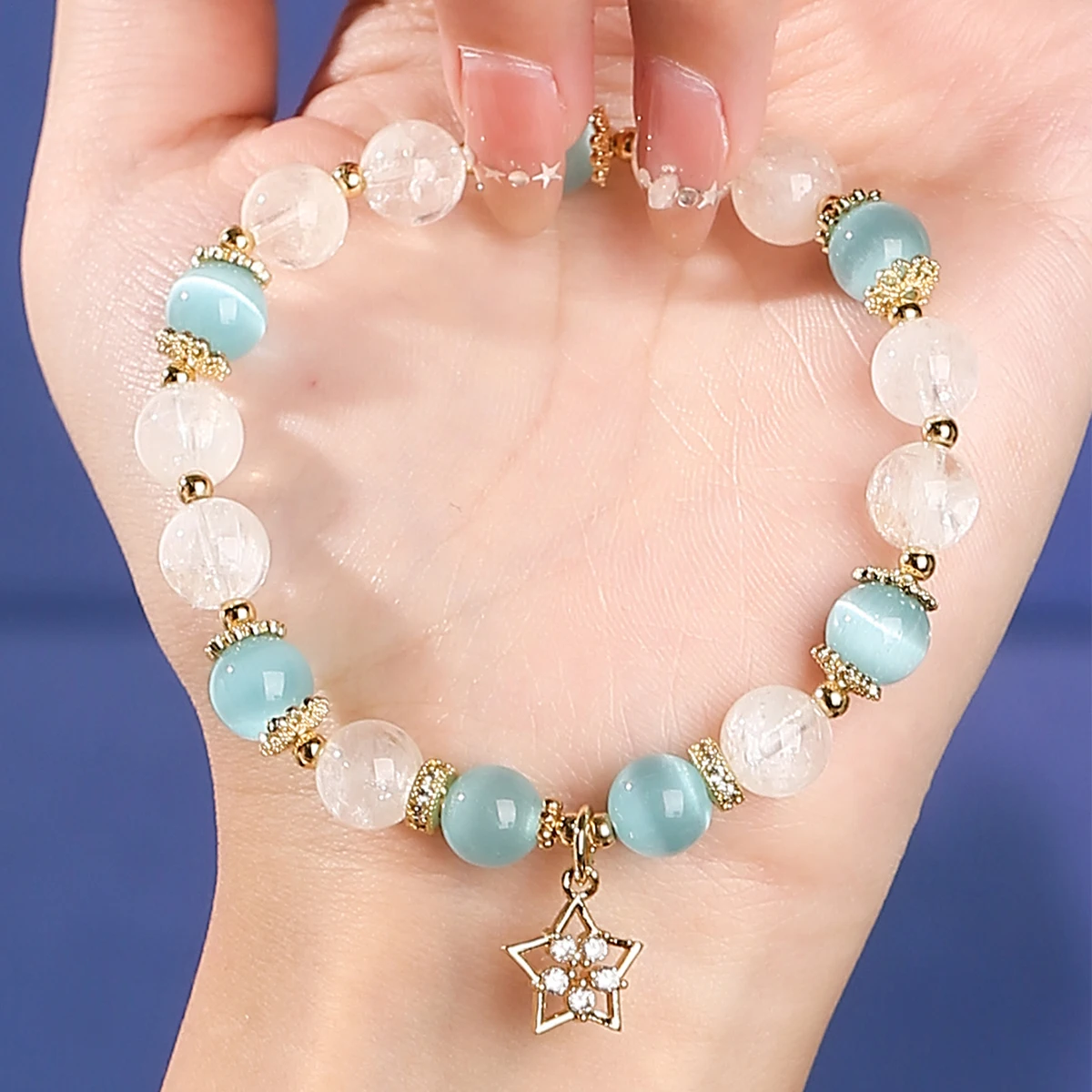 

Natural Citrine Cat Eye Stone Rhinestone Star Pendant Bracelet Women Fashion Sweet Handmade Stretch Bracelet Femme Birthday Gift