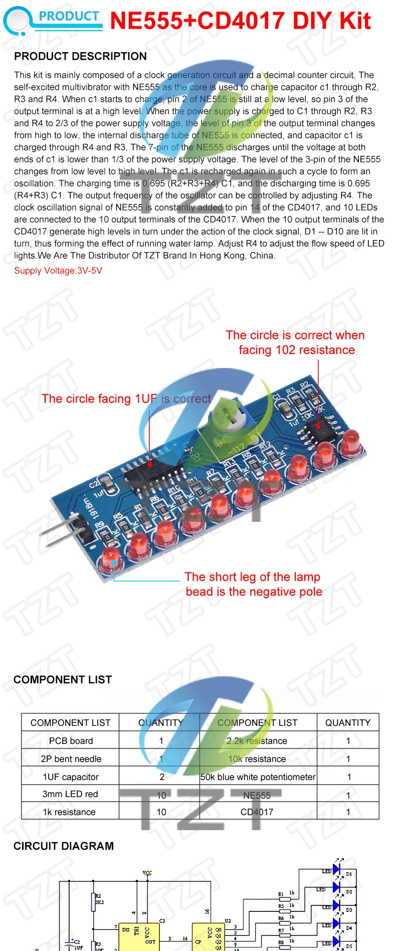 TZT 1/3/5PCS NE555+CD4017 LED-Lauflicht Elektronik-Bausatz DIY-Kit – Detail 1