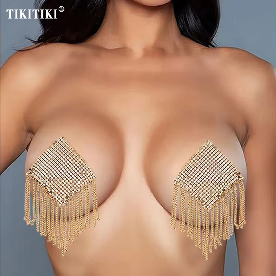 

Reusable Sexy Rhinestone Nipple Pasties Sticker Women Tassel Chain Nipple Covers Self Adhesive Metal Breast Pasties Nipple Cover