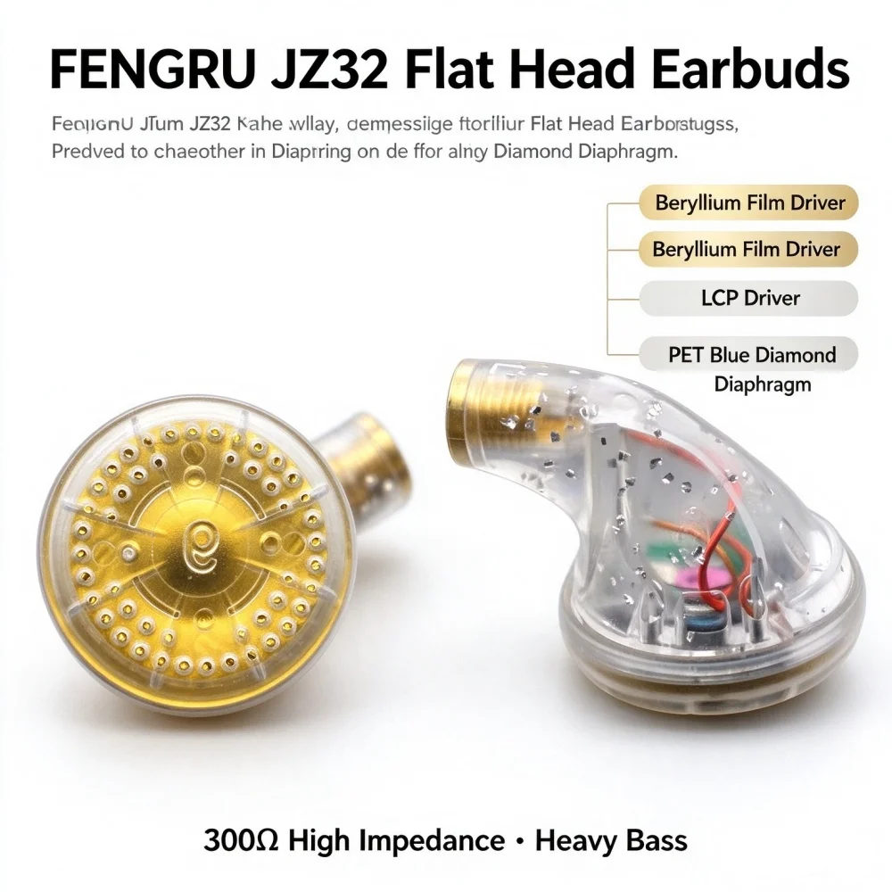 FENGRU JZ32 DIY Słuchawki douszne z membraną berylową/LCP/LPET Blue Diamond, 300ohm, płaskie, z mocnym basem