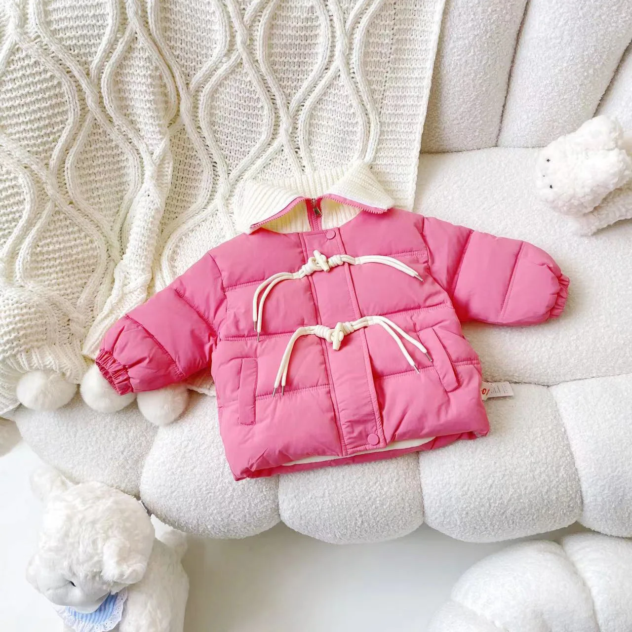 Sweet Rose Girls Cotton Jacket Winter Knitted Collar Patchwork Cotton Padded Coat Thick Warm Kids Outerwear image 4