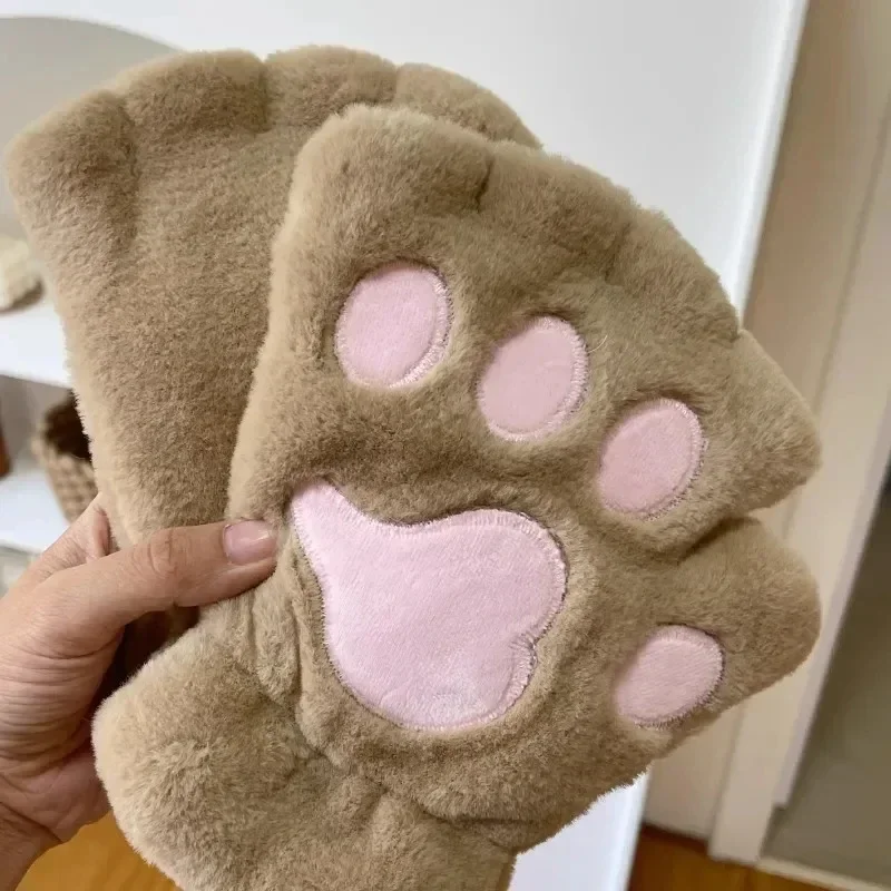 Kawaii Women Cat Gloves Fashion Girls Cat Claw Paw Plush Mittens Warm Soft Plush Short Fingerless HalfFinger Winter Thick Gloves