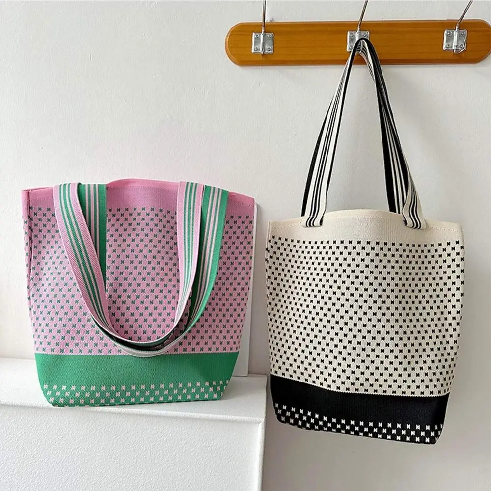 

Geometric Pattern Shoulder Bag Fashion Reusable Knitted Shopping Bags Large Capacity Tote Bags Women Girls