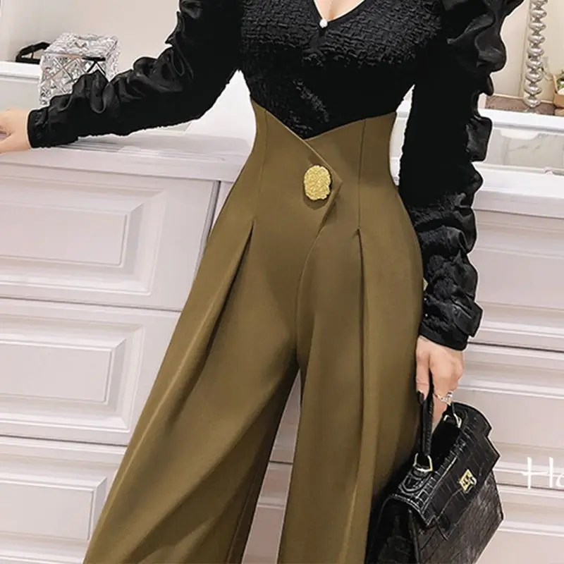 Pantalones elegantes de cintura alta para primavera y otoño, ropa femenina con pliegues, decoración tridimensional, pantalones básicos empalmados de cintura de pierna ancha