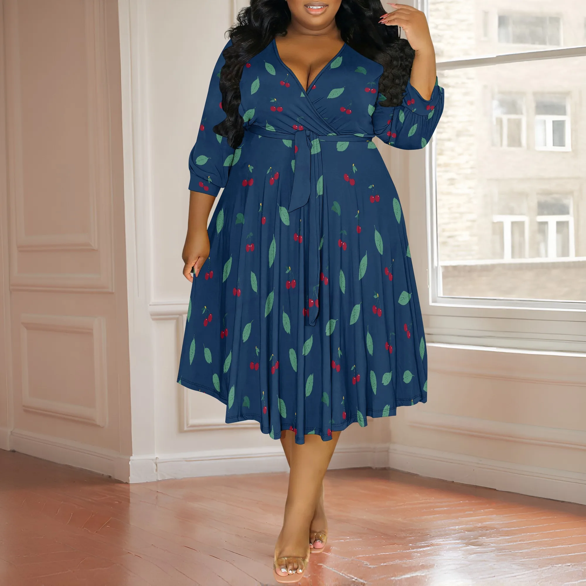 

Women's Wrap Dress Cocktail Church Wedding Midi Dress A-Line V Neck 3/4 Sleeve Casual Solid Color Dresses with Belt
