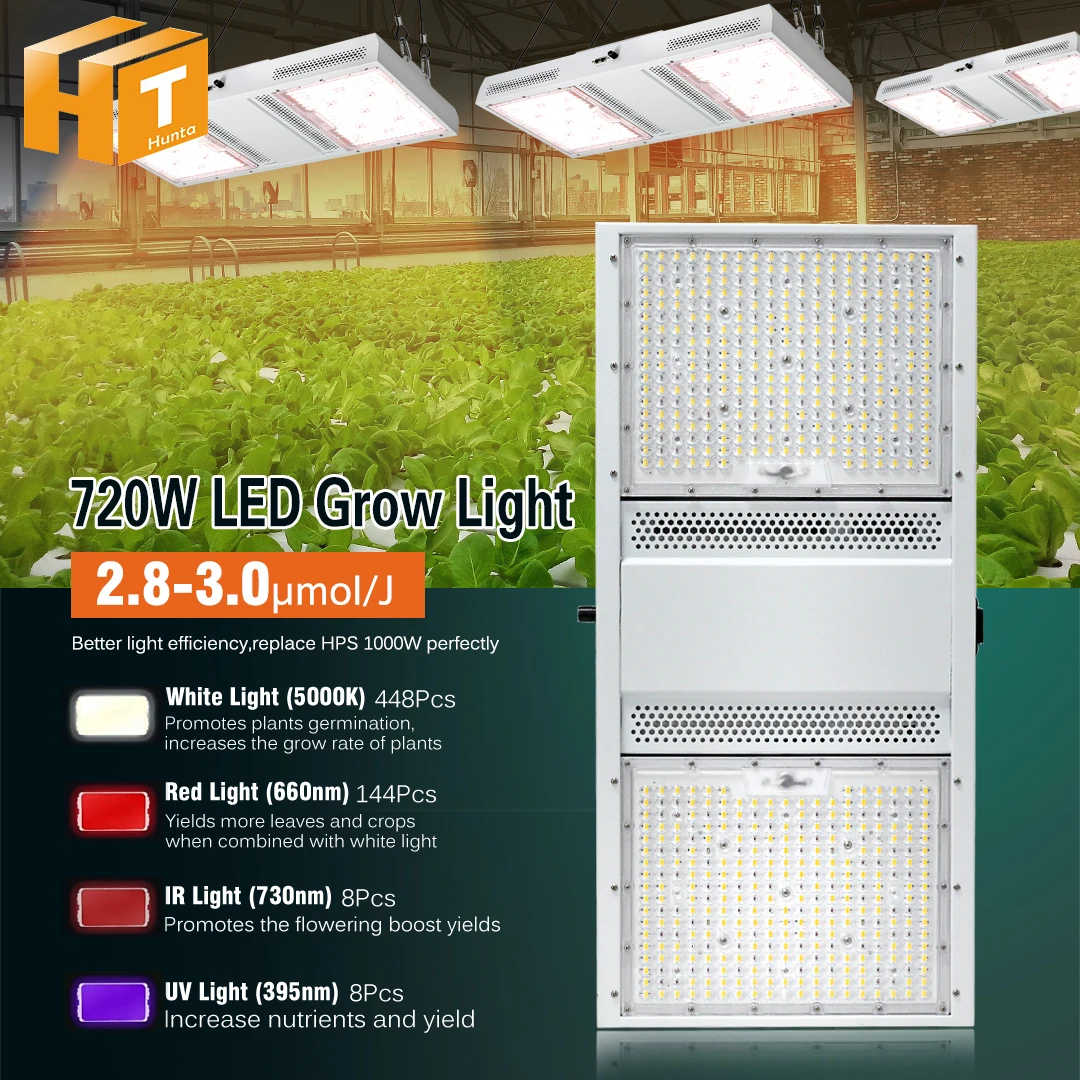 LED Grow Lights para Estufa, Luzes reguláveis para plantas, Chips LED, Branco, 5050, 5050, 720W, AC100-277V, 5000K