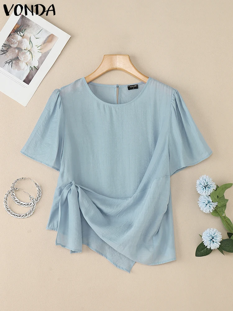 VONDA Women Blouses 2025 Summer Tops Fashion Short Sleeve Solid Pleated Shirts Casual Loose Round Neck Sweet Korean Blusas Femme