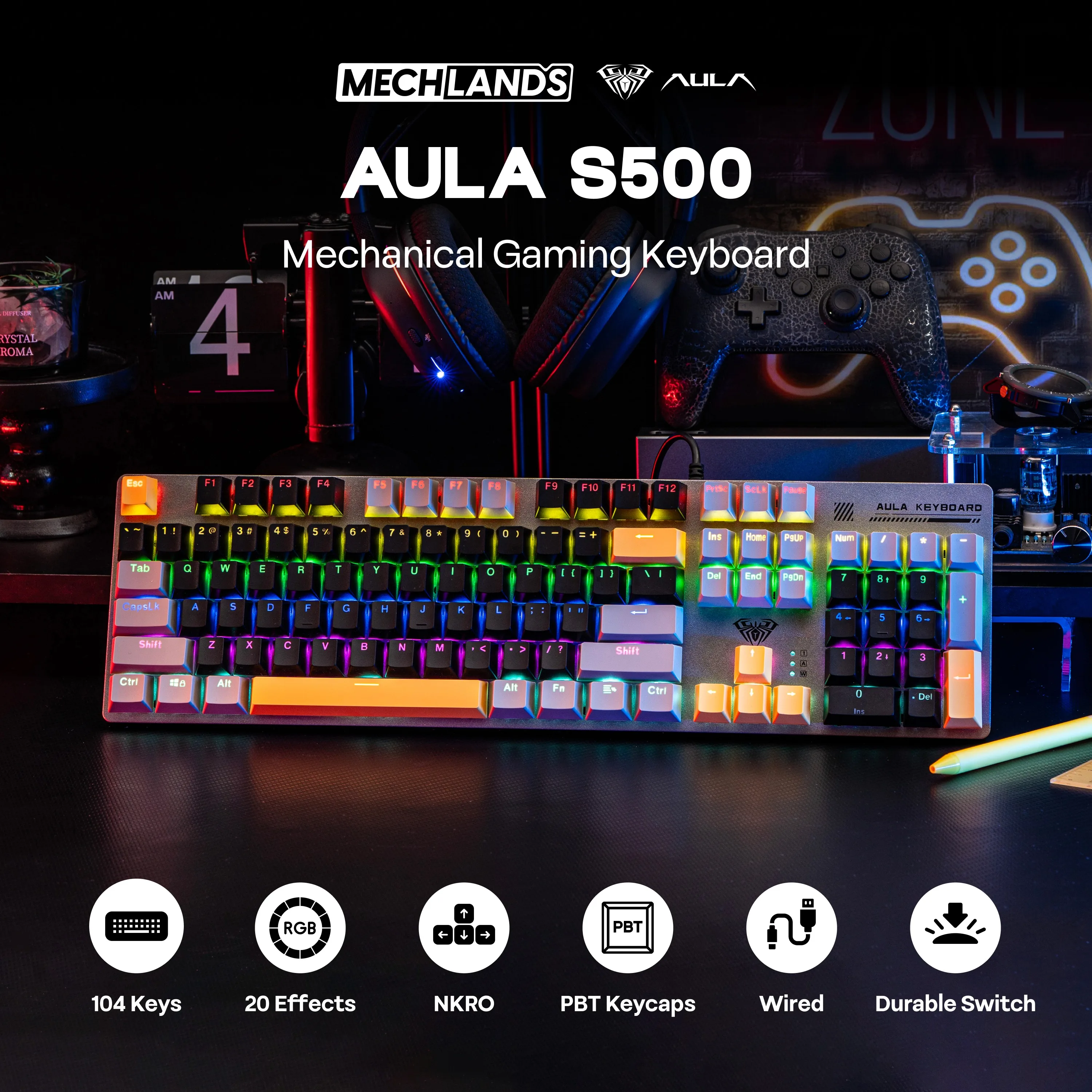 AULA S500 100% ANSI US Layout Wired Mechanical Gaming Keyboard with Number Pad NKRO Shine Through Keycaps for PC E-sports