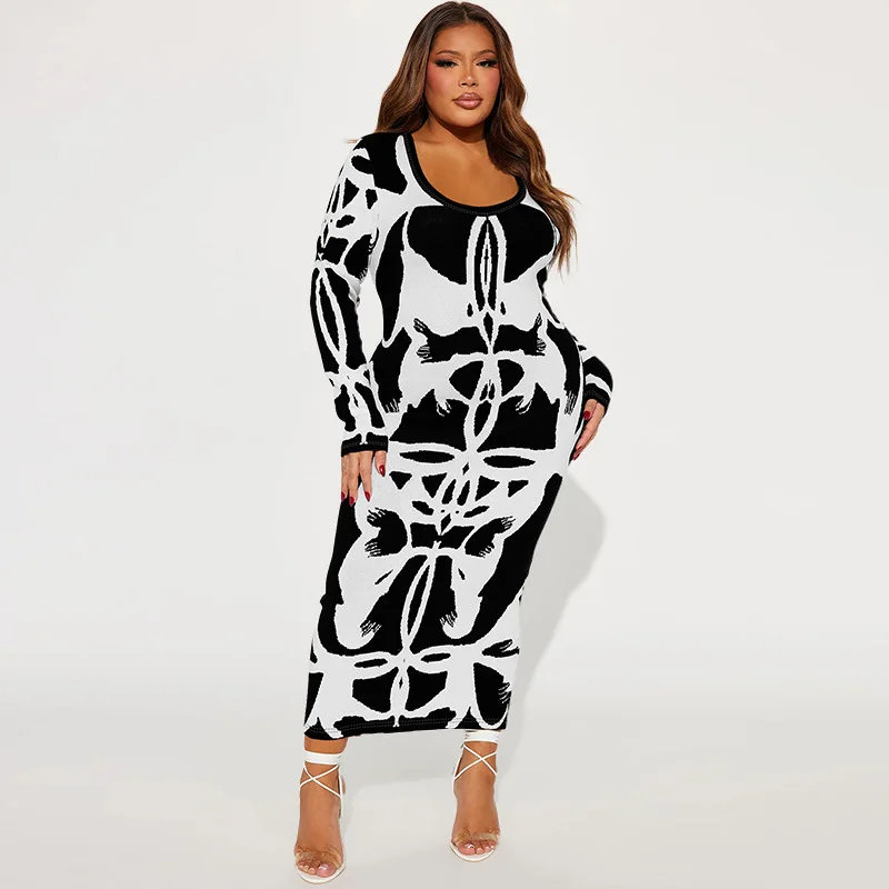 Plus Size XL XXL XXXL 4XL 5XL Ladies Long Sleeve U Neck Printed Bodycon Dress For Women Sexy Fashion Casual Slim Maxi Dresses