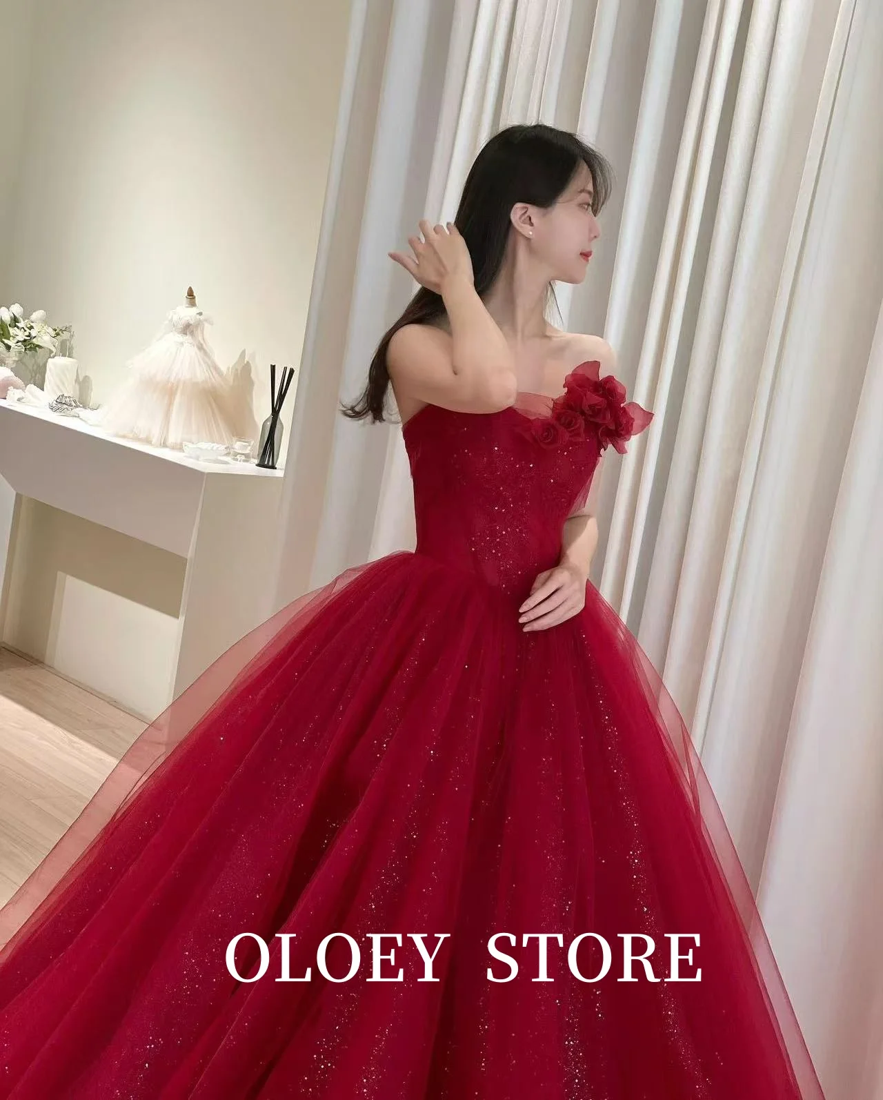 OLOEY Glitter Dark Red Tulle Evening Party Dresses Korea Wedding Photo shoot Tulle Puff Princess Formal Prom Gowns Customized