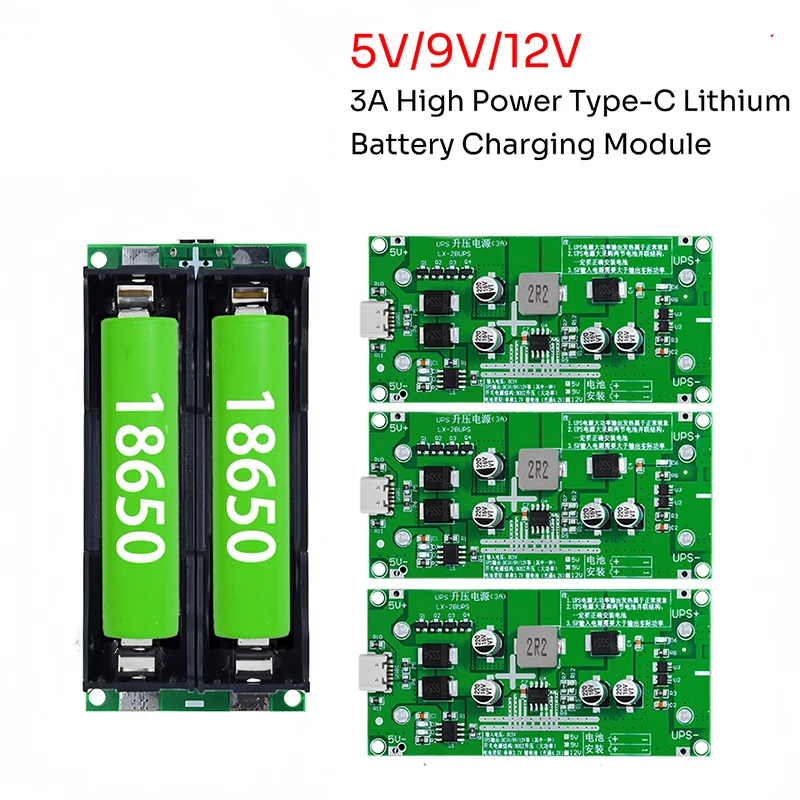 Type-C 15W 3A 18650 Lithium Battery Charger Module DC-DC Step Up Booster Fast Charge UPS Power Supply / Converter 5V 9V 12V