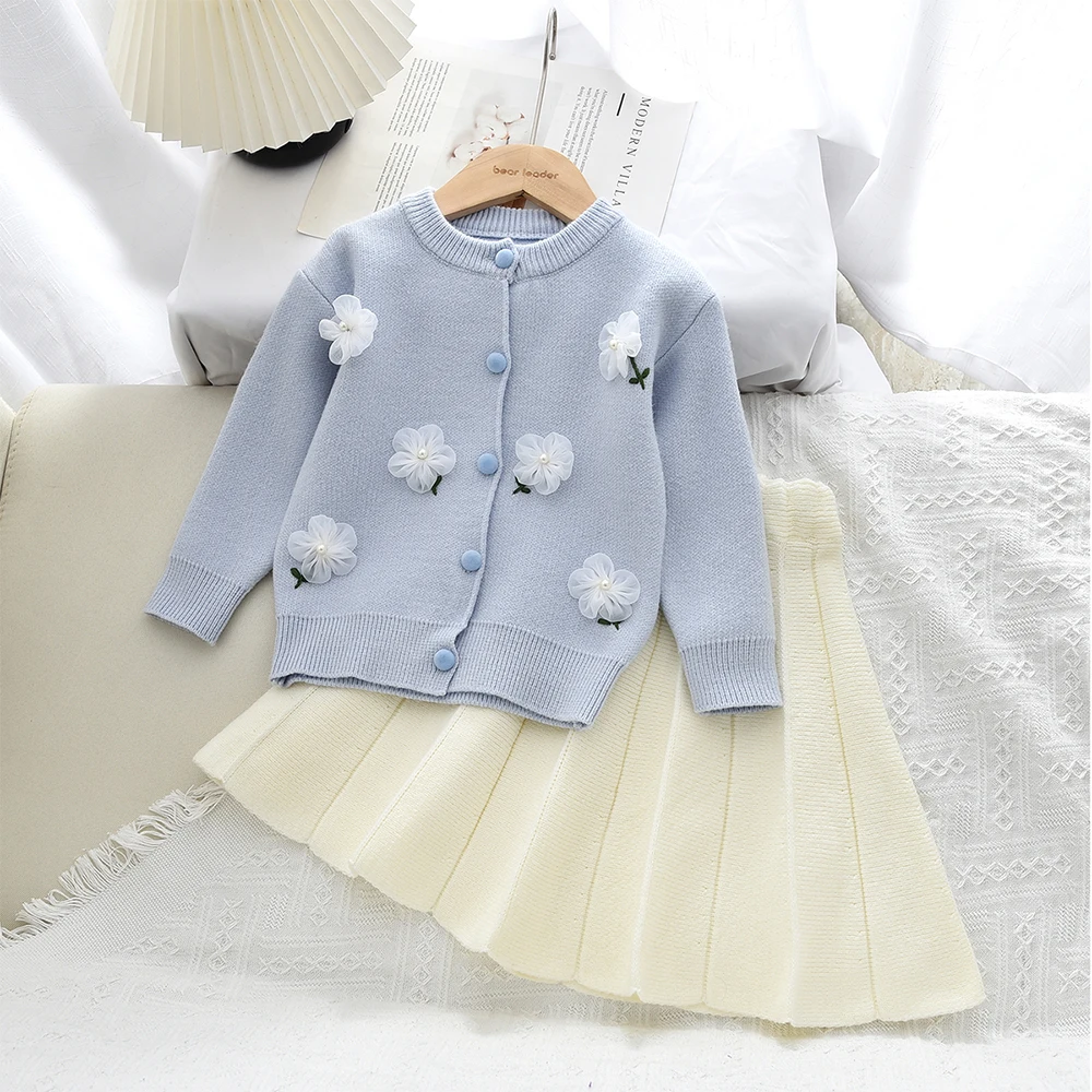 

Autumn Winter College Style Children's Sweater Set Blue Flower Long Sleeved Knitted Cardigan Top+Beige Short Skirt Girl Clothes