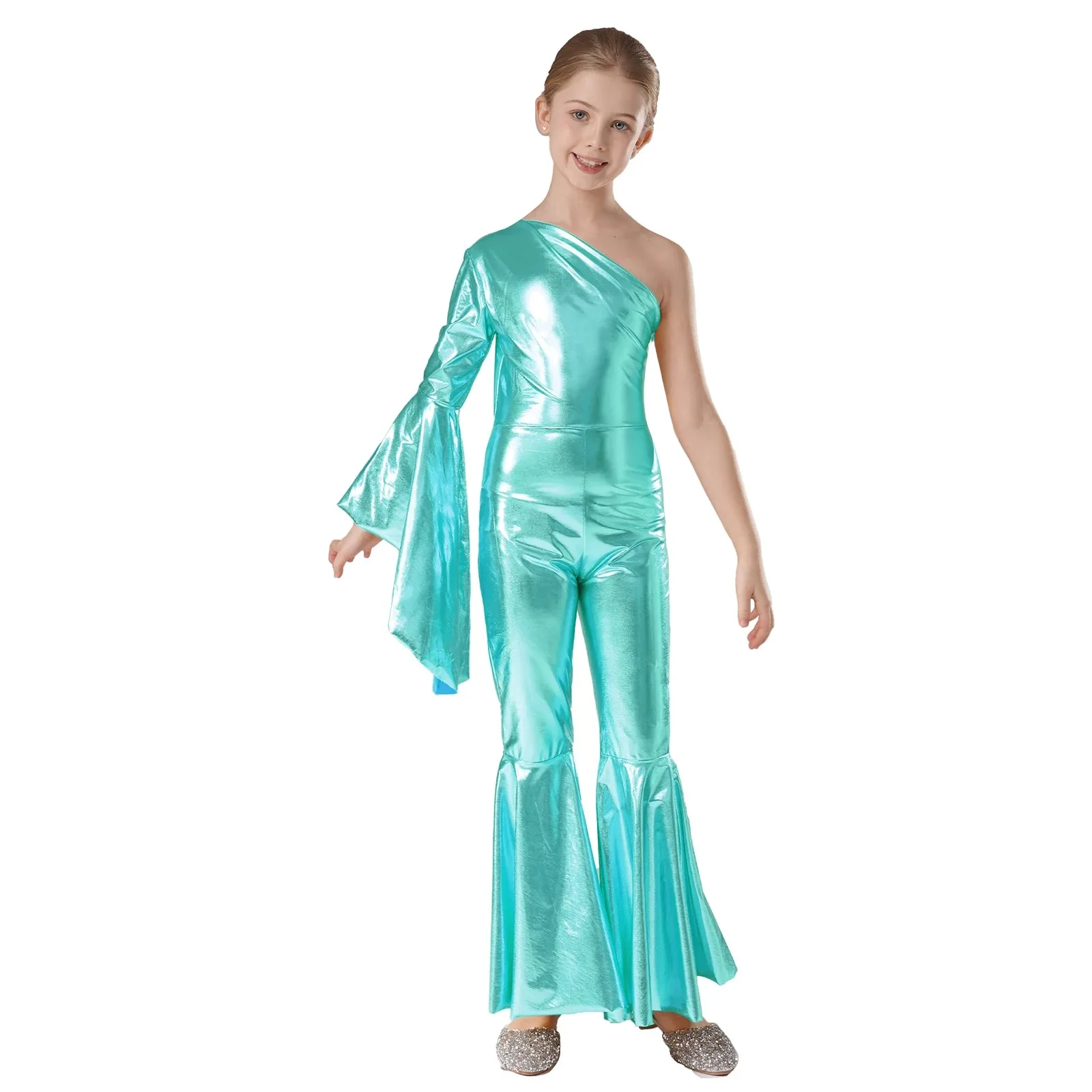 Costume métallique brillant pour enfants, costume de batterie astronomique pour filles, costume de performance de danse, manches évasées, cloche initiée, carnaval, ballet, jazz