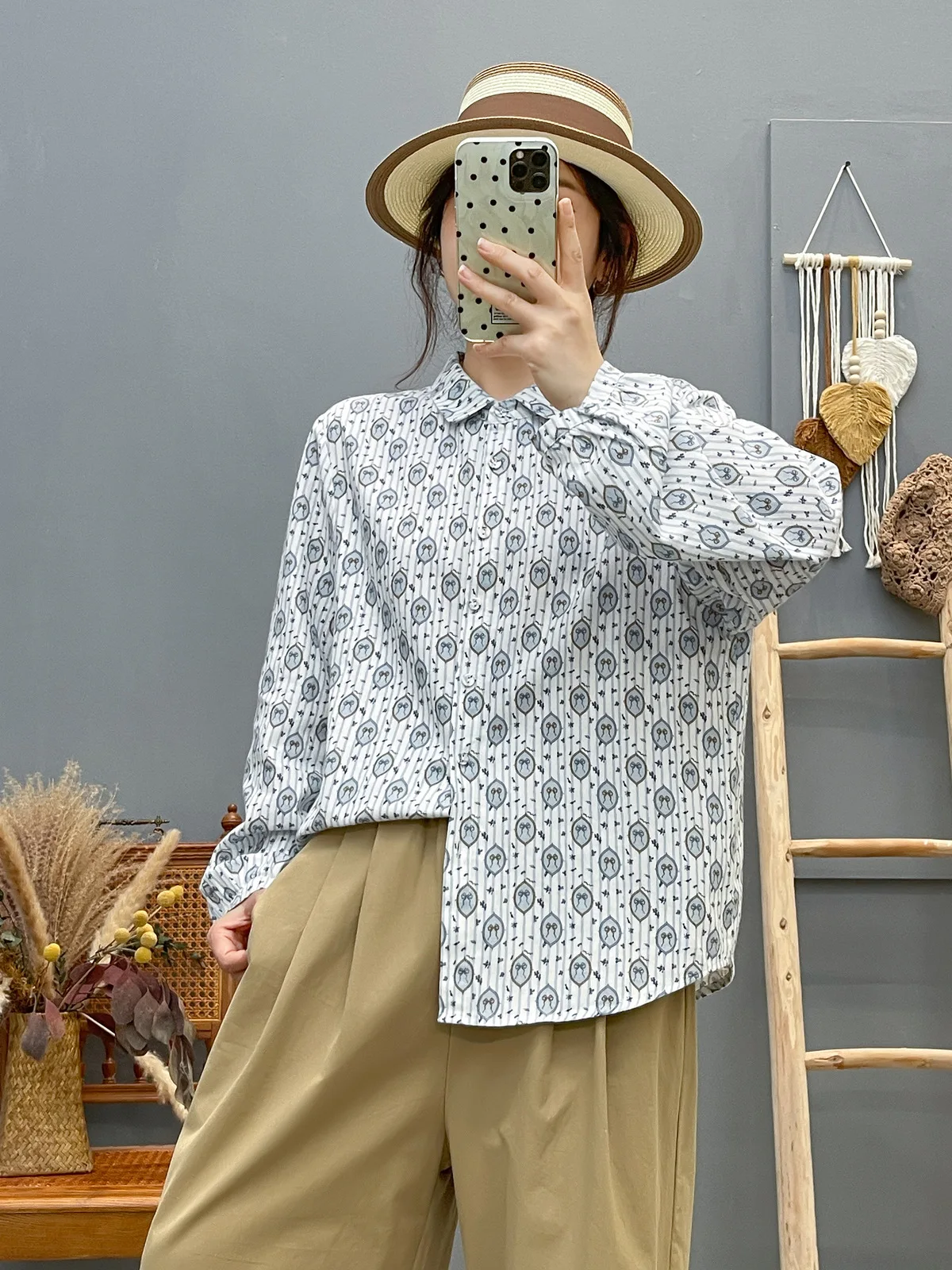 جديد 2025 الخريف قميص قطني بكم طويل نحى ، المرأة بدوره إلى أسفل طوق طباعة ، موري فتاة موضة بلوزة فضفاضة غير رسمية T58981CC #3