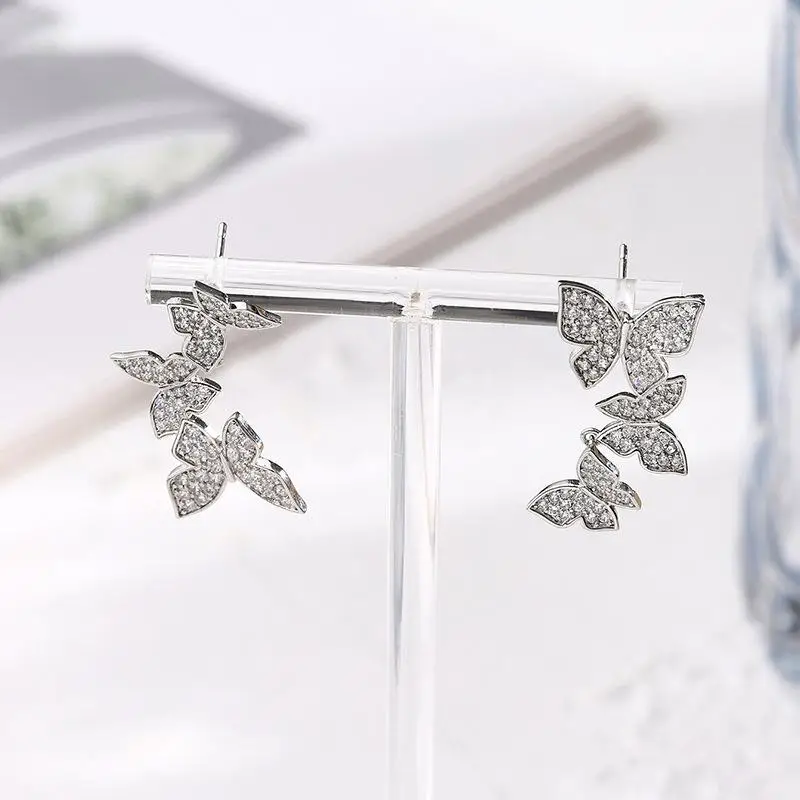 Elegant Gold-Plated Copper Silver Needle Hypoallergenic Zircon Asymmetric Butterfly Tassel Stud Earrings for Women Girls