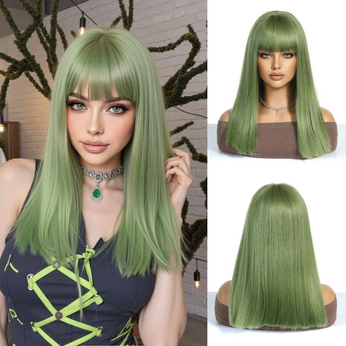 

Прямой зеленый синтетический парик с челкой, средние длинные парики для косплея для женщин, натуральные волосы, парик для Хэллоуина, термостойкое волокно