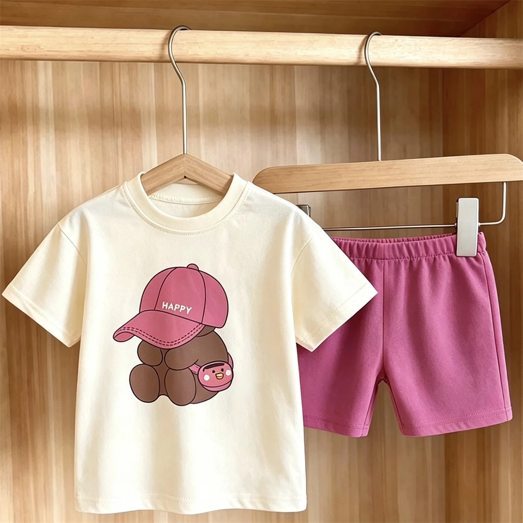 Round Neck TShirt Simple Versatile Shorts Two Piece Set Children's Fashion Casual Costume Kids New Short-sleeved Tracksuits