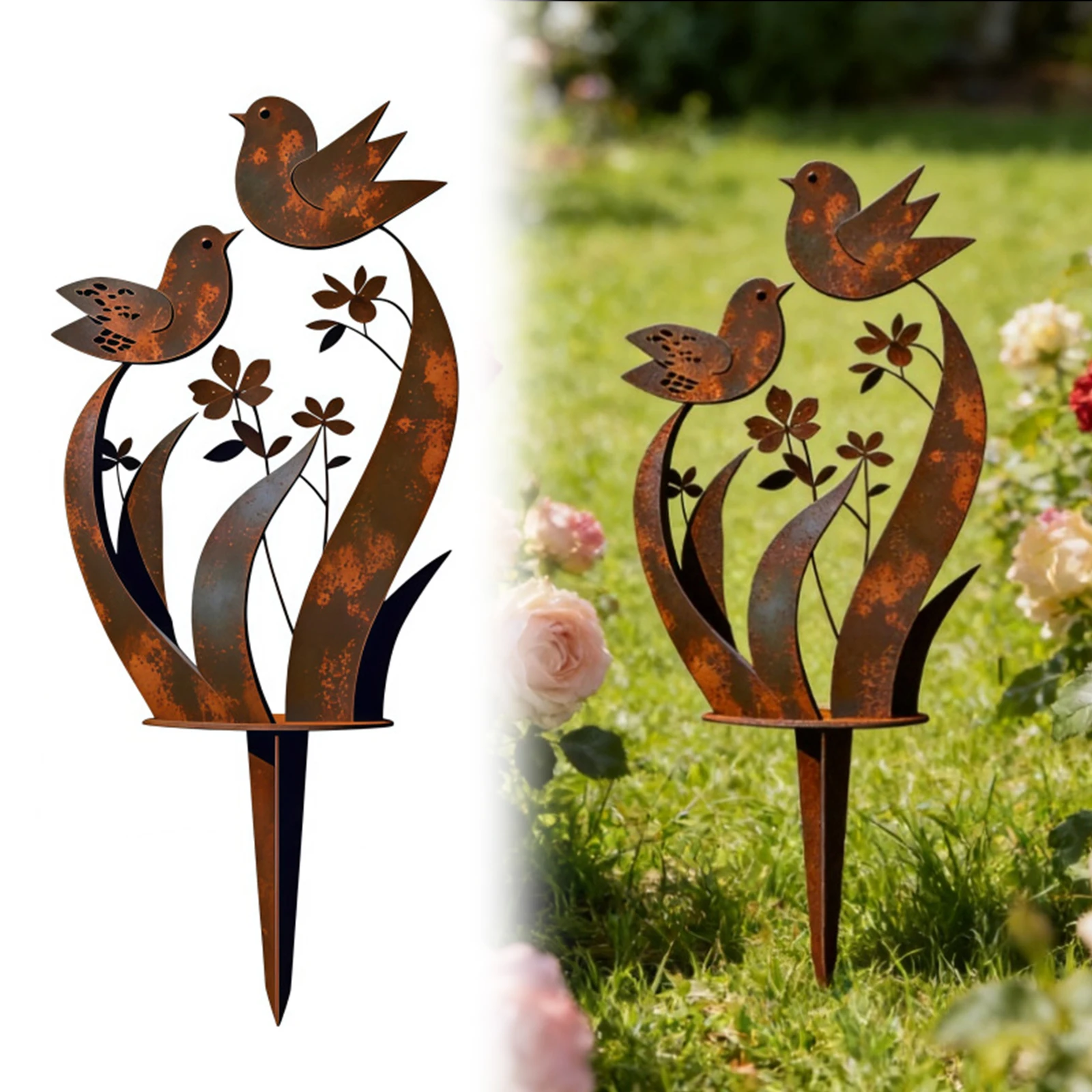Metal Decorative Outdoor Plant Stakes with Bird and Floral Design Steady for Yard Lawn Rustic Garden Art Ornament Decor
