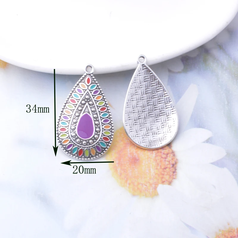 10 Stück/Set Böhmische Antik-Silberfarbene Emaille-Lila-Anhänger für DIY-Ohrringe Metallschmuckzubehör – Detail 5