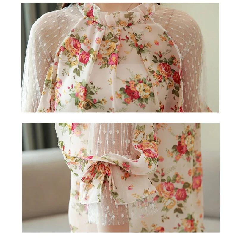 Sweet Printed Lace Chiffon Shirt Summer Hollow Flower Floral Clothes Elegant Women Tops and Blouses Blusas Mujer De Moda 4068 50