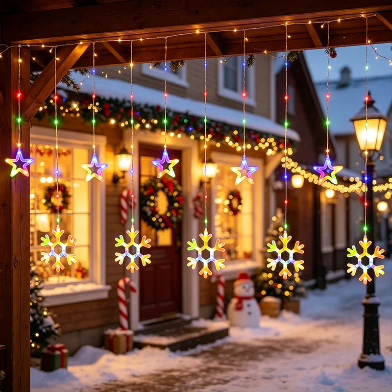 Christmas Star Snowflake Hanging Window Curtain String Lights with Remote Control Battery Operated for Porch Indoor Outdoor Deco