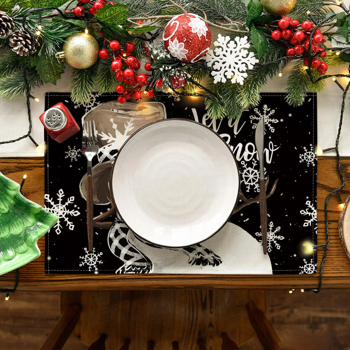 Black Snowman Snowflakes Let it Snow Winter Placemats Set of 4, 12x18 Inch Christmas Table Mats for Party Kitchen Dining Decor