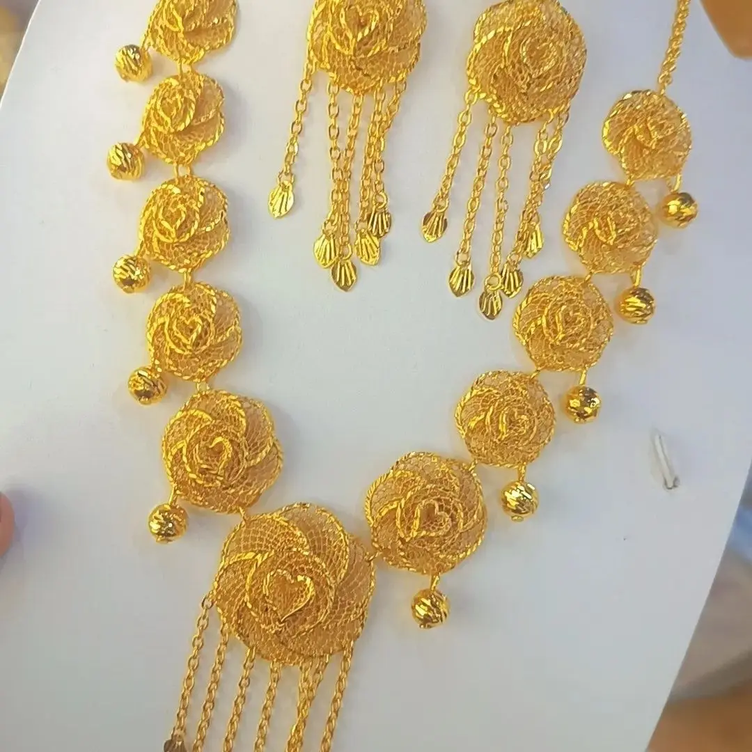 Imagem -06 - Colar Estilo Flor com Borla para Mulheres Brincos de Noiva Jóias de Dubai Novo Duas Peças de Joalheria Yy10160