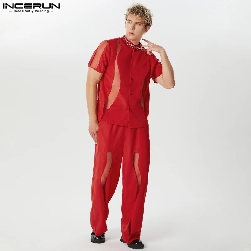 INCERUN Men Sets Mesh Patchwork Transparent Short Sleeve Shirt & Pants Two Pieces Sets Streetwear 2024 Fashion Men Casual Suits