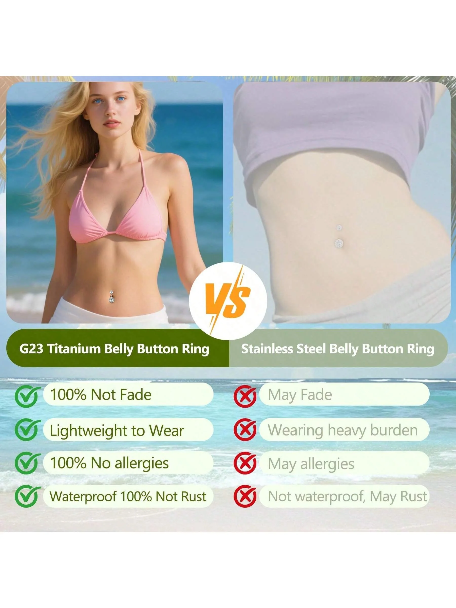 خاتم زر البطن على شكل فراشة من الفولاذ المقاوم للصدأ - خاتم زر البطن من الزركون، مجوهرات ثقب أنيقة