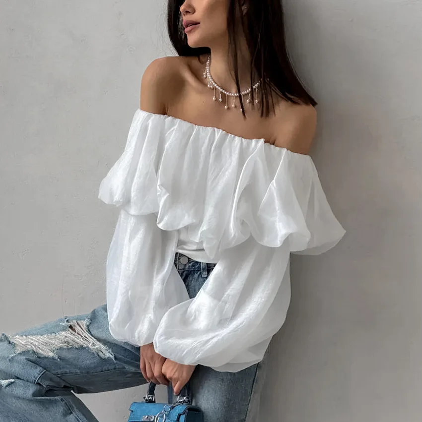 GetSpring Women Blouse 2024 Summer Slash Neck Off Shoulder Puff Sleeve White Shirt Fashion Loose Casual All Match Female Tops