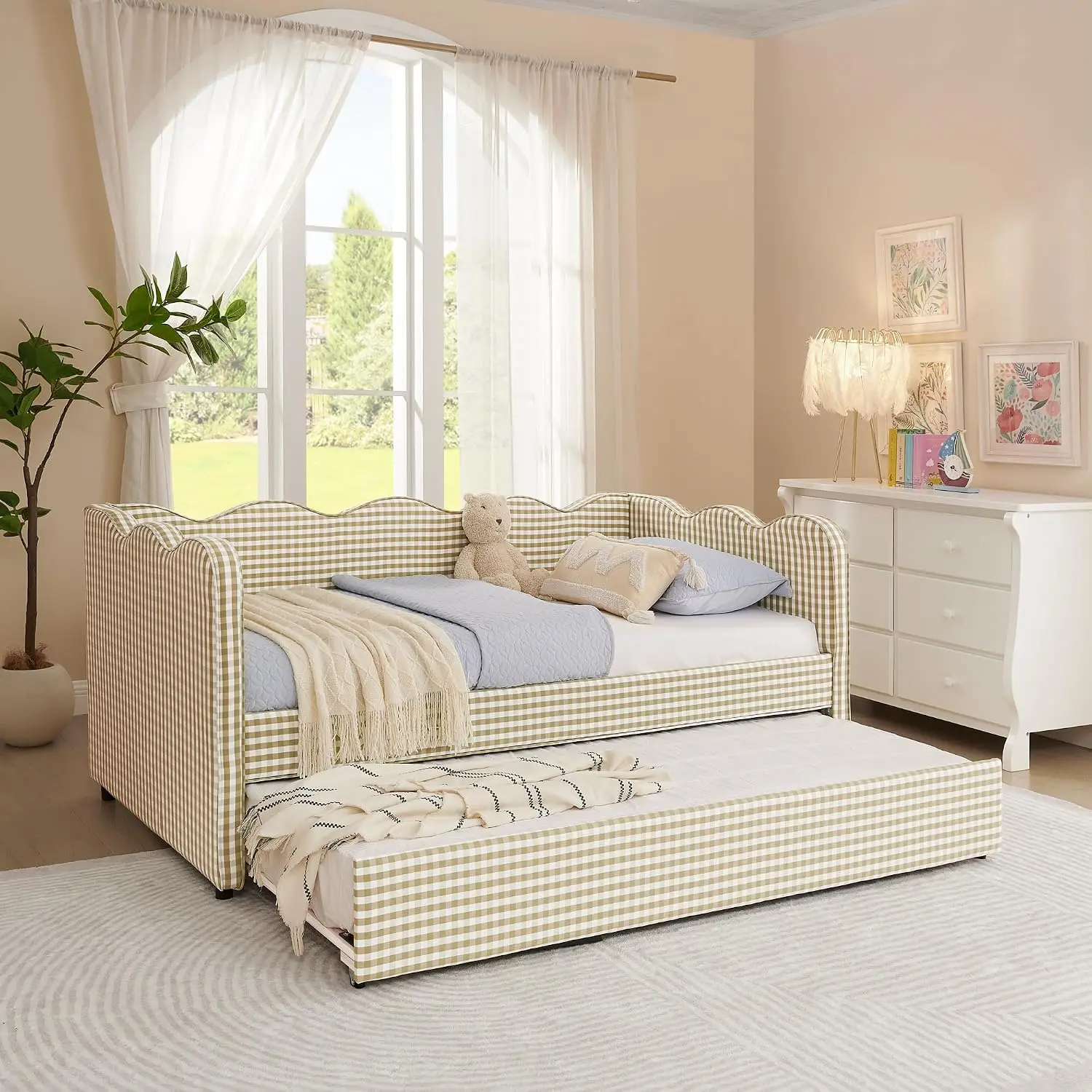 Gingham Daybed with Trundle & USB Ports Twin Size Brown, Customized image 2
