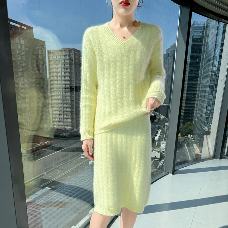 冬のミンクウールセータースカートツーピースレディースラウンドネックツイスト長袖セータースカートルーズカシミヤセータースーツ