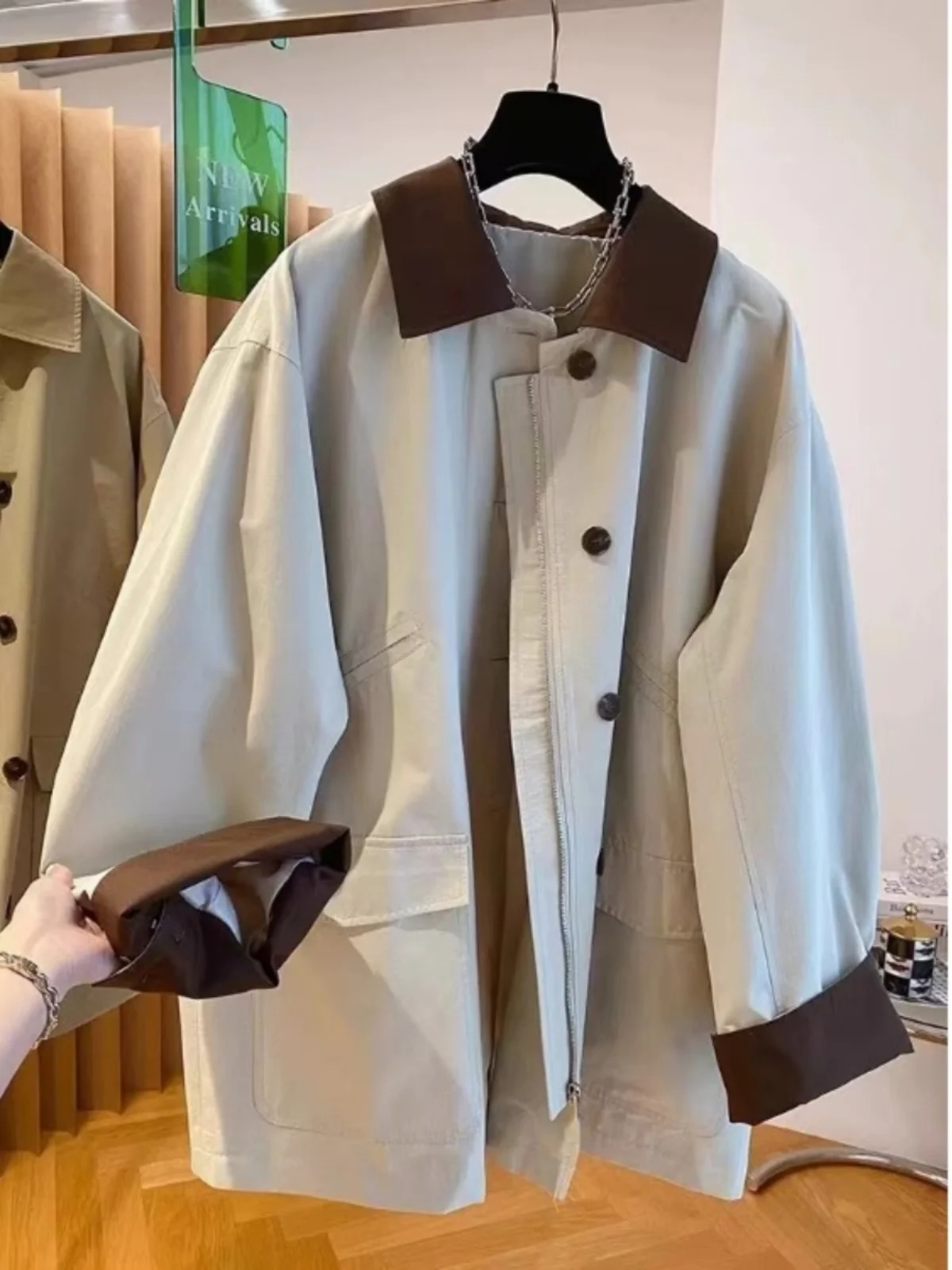 Plus Size Plus Size Khaki Mid Length Long Length Parka Trench Coat for Women Spring Plus Size Ladies Loose Fancy Popular Hot-...