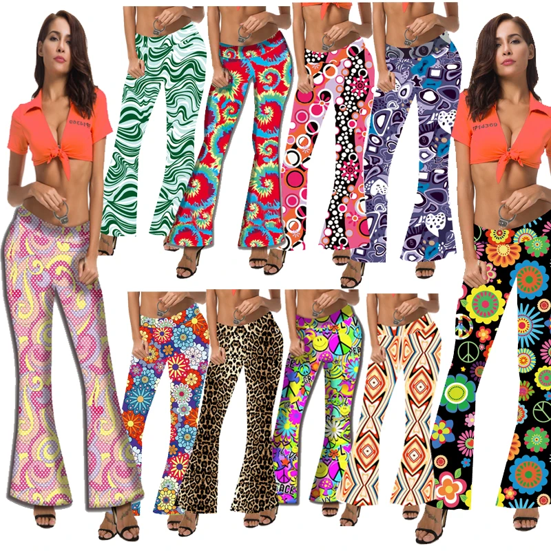 女性用ストライププリントパンツ,ハイウエストパンツ,ベルボトム,ヒッピークラブスタイル,1960〜1970