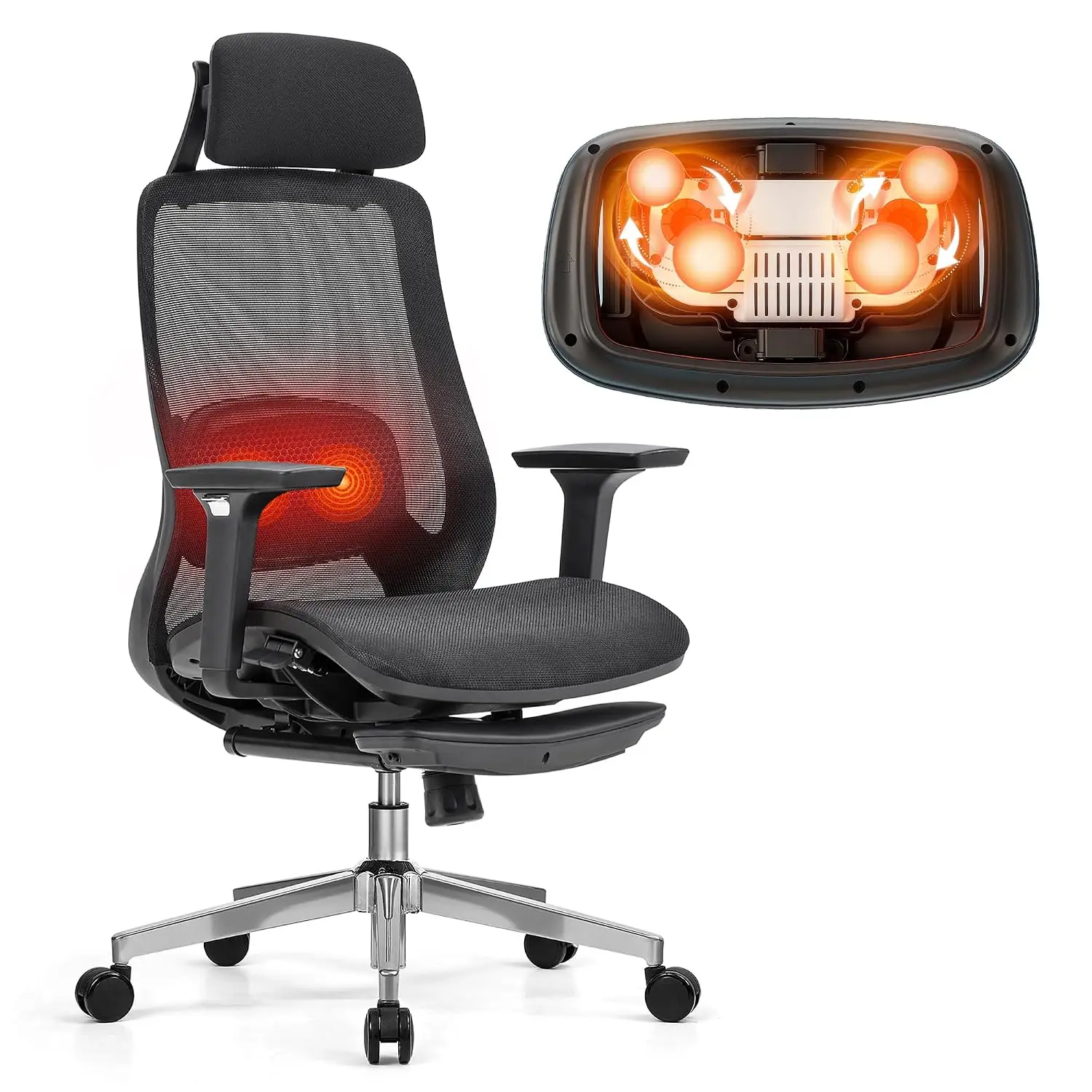 Ergonomic Massage Office Chair with Footrest, Adjustable Headrest, 3D Armrests, Heated Lumbar, 4-Position Recline, Mesh Seat