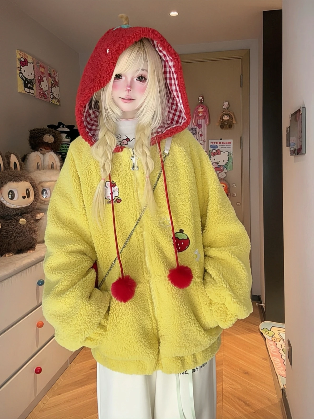 Inverno Nuovo Kawaii Peluche Con Cappuccio Giubbotti Studente Y2K Peluche Addensato Caldo Giacca di Pelliccia Sintetica Ragazze Dolce Allentato Cappotti di Pelliccia per Le Donne