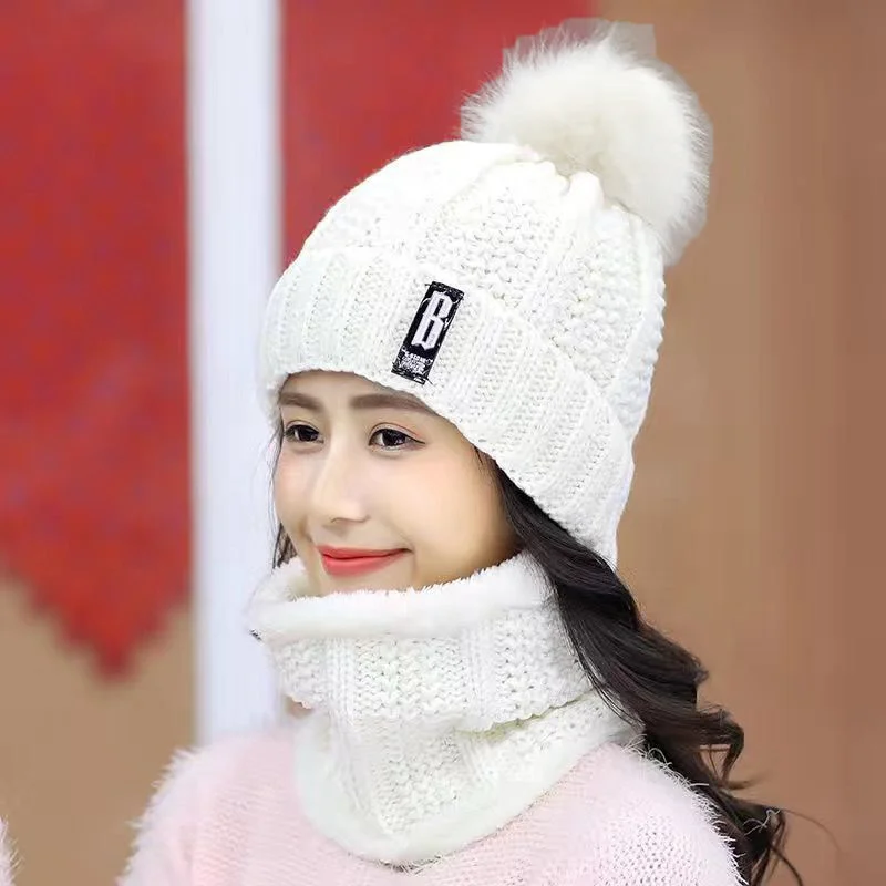 Knitted Hat Ski Women Hat Windproof Winter Outdoor Knit Thick Siamese Scarf Collar Warm Keep Face Warmer Beanies Hat