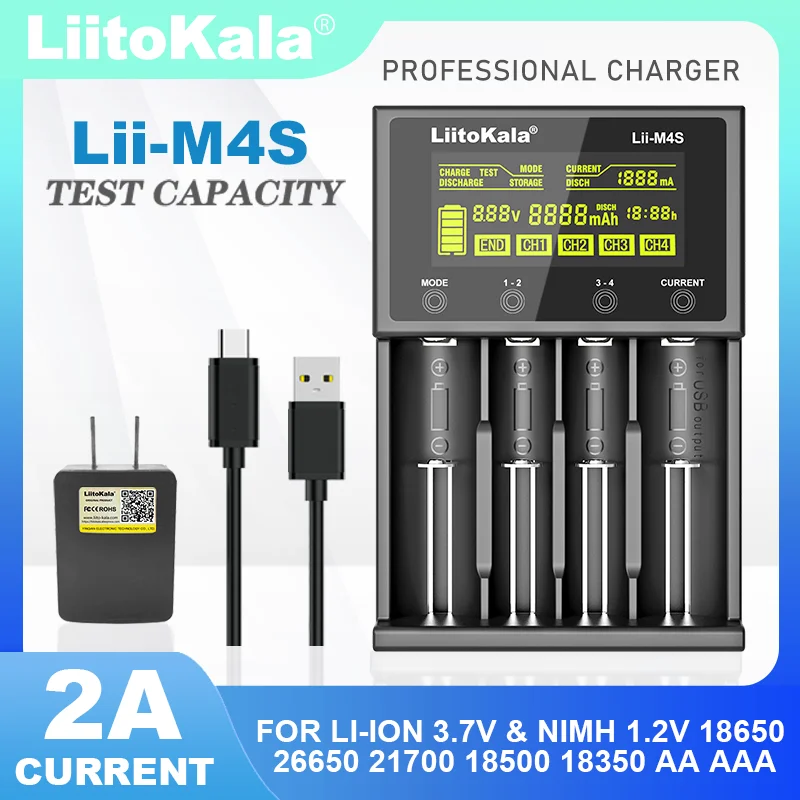 LiitoKala M4S CH2 PD4 LCD Multifunctional Battery Charger For 3.7V 1.2V 18650 26650 21700 14500 18350 17500 AA AAA A C And Other