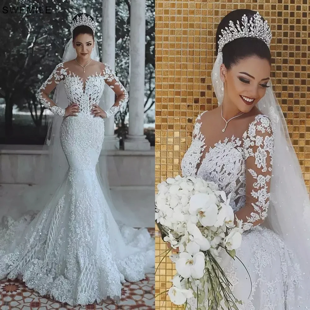 

Luxury Dubai Saudi Arabic Lace Mermaid Wedding Dress Sexy Illusion Long Sleeve Bride Dresses Crystals Beads Wedding Gowns