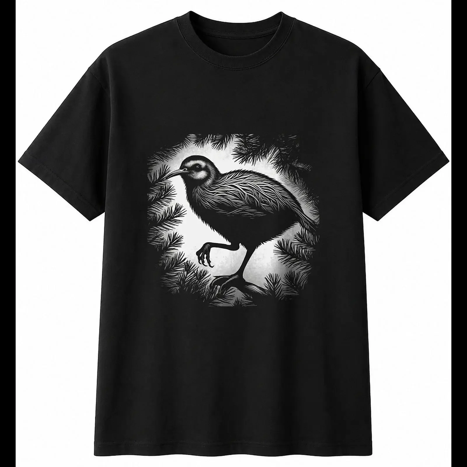 Greyscale Kiwi Bird in the Pines Mens T Shirt Black 100 Cotton Birdwatching Top vintage Washed Breathable Unisex fashion Casual
