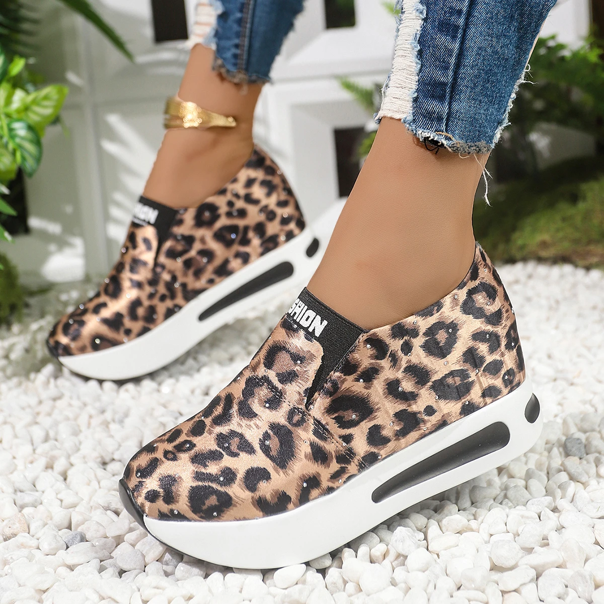 Leopard Print Rhinestone Women Hidden Wedge Sneakers Slip‑on Platform Comfort Casual Walking Shoes