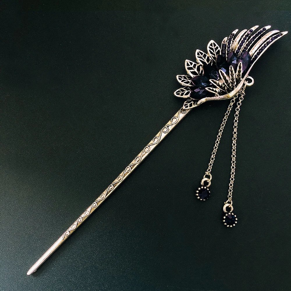 Phoenix Plume Tassel Hair Sticks Hairpin For Women Metal Crystal Hair Chopstick Vintage Feather Shaped Hair Bun Clasp Jewelry