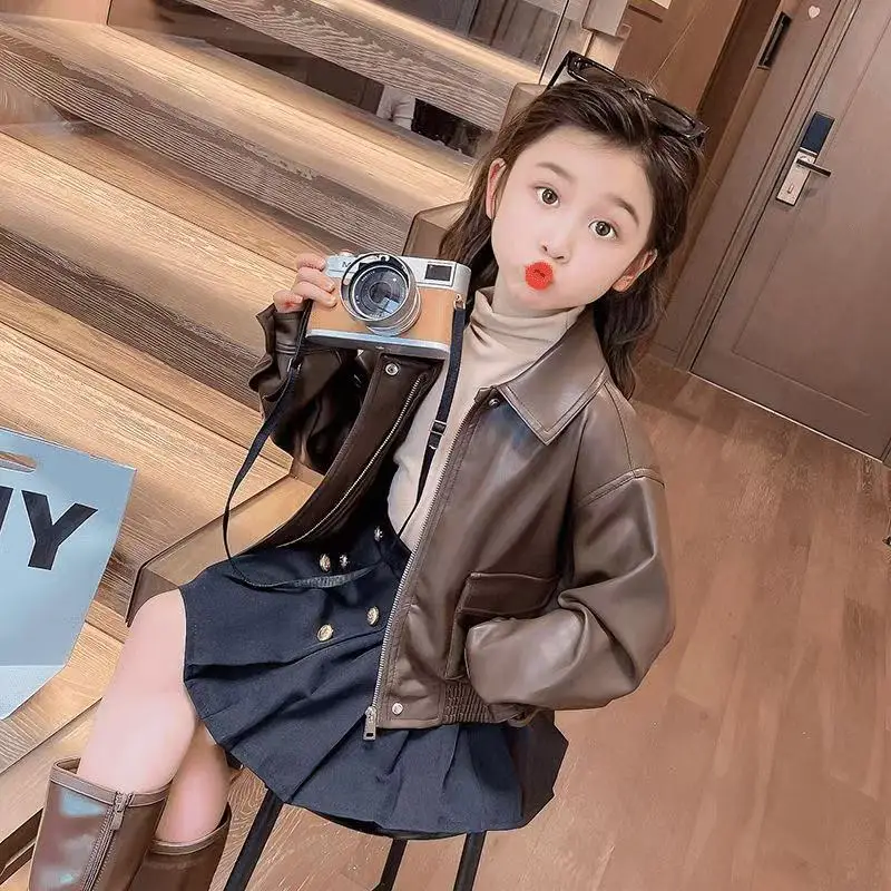 

Girl's Leather Jacket Children's Spring and Autumn New Casual Jacket Fashionable Korean Version Versatile Jacket for Baby Girls