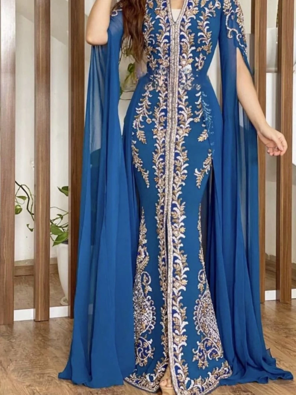 Vestido caftán de manga larga para mujer, vestido de fiesta saudí, caftán marroquí de Dubái, elegante vestido de noche con cuello en V, árabe,