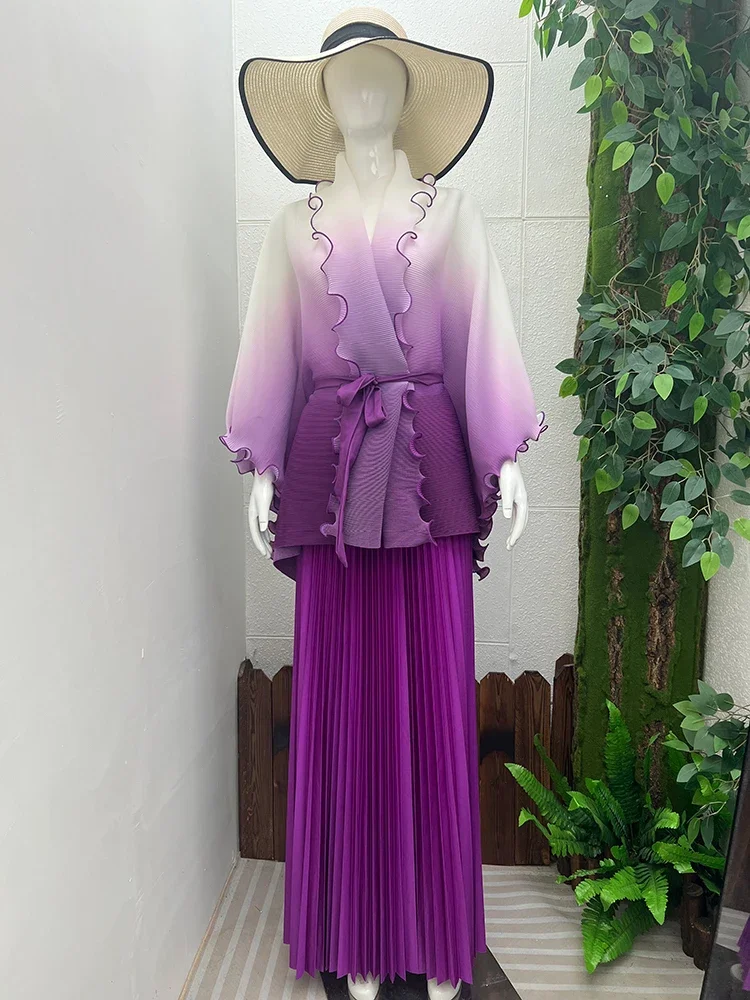 

Pleated Gradient Two-piece Set for Women Solid Color Irregular Coat with Elastic Waist Skirts 2025 Spring New