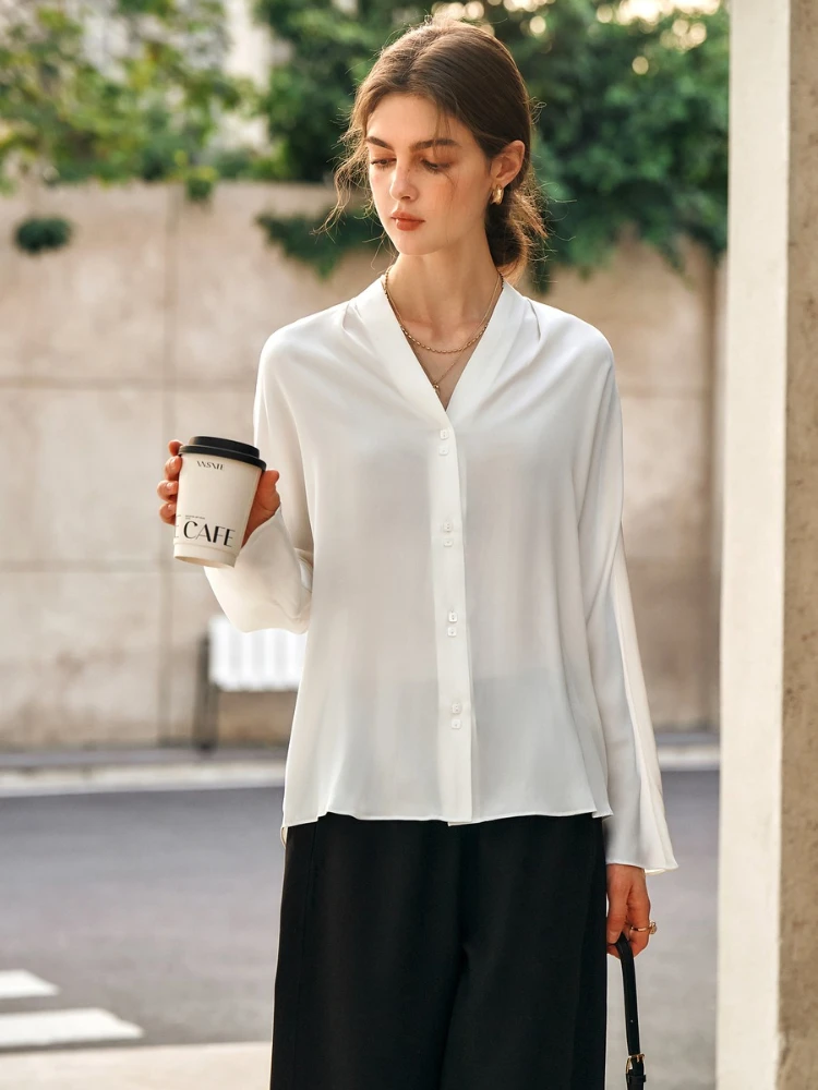 OLrain Women's White Shirts 2025 Autumn Office Lady V-neck Female Shirts Elegant Button Long Sleeve Ladies Shirt M57CC95912