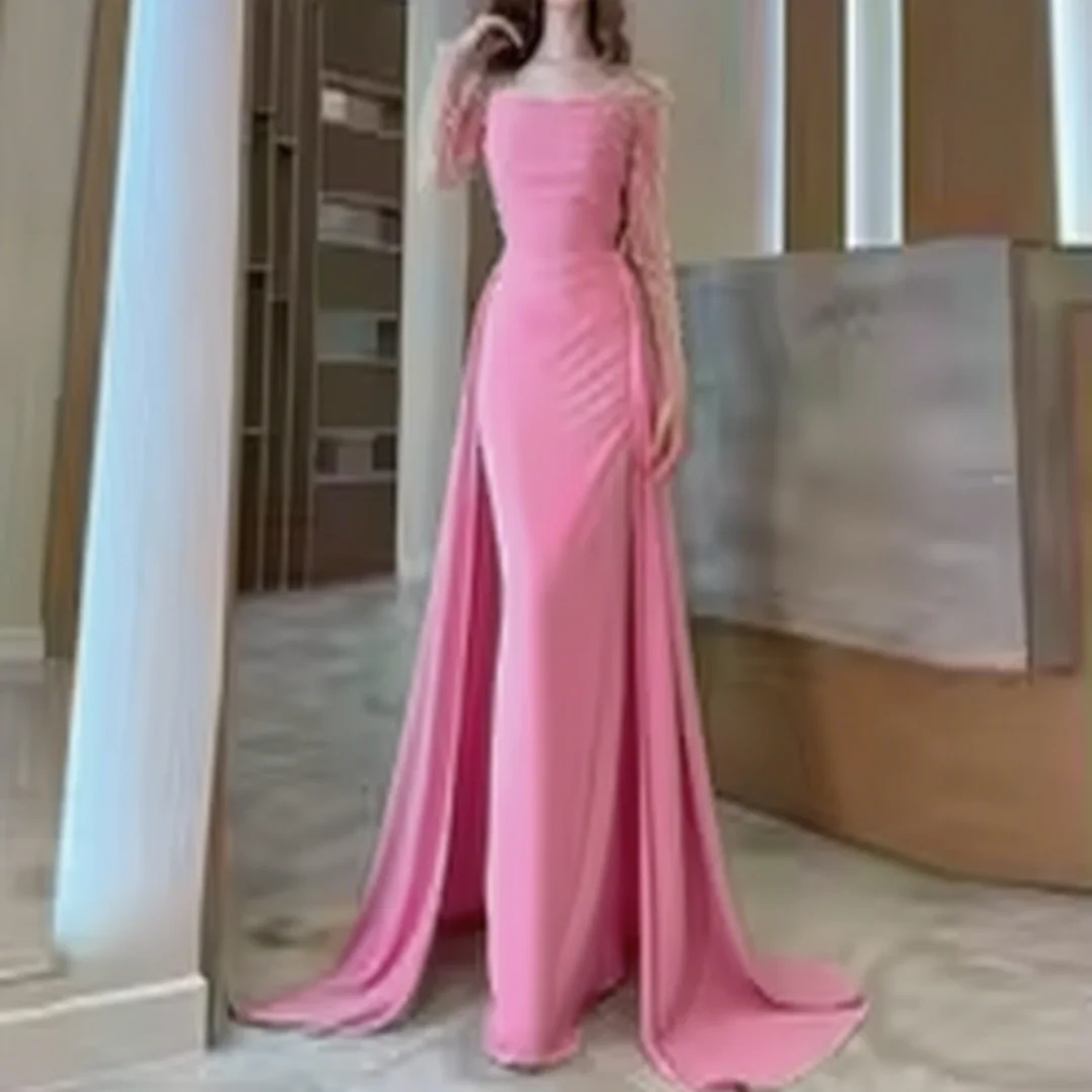 Gaun Prom Kustom Gaun Wanita Formal Kerah Persegi Kolom Panjang Lantai Rok Shirred Draped Manik-manik Mutiara Dipesan Lebih Dahulu