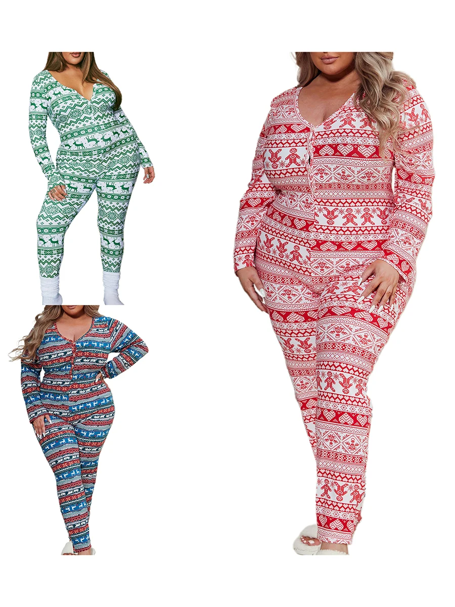 Pyjama long de Noël pour femme, barboteuse à manches longues, col en V, boutonné, motif imprimé, combinaison, vêtements de nuit