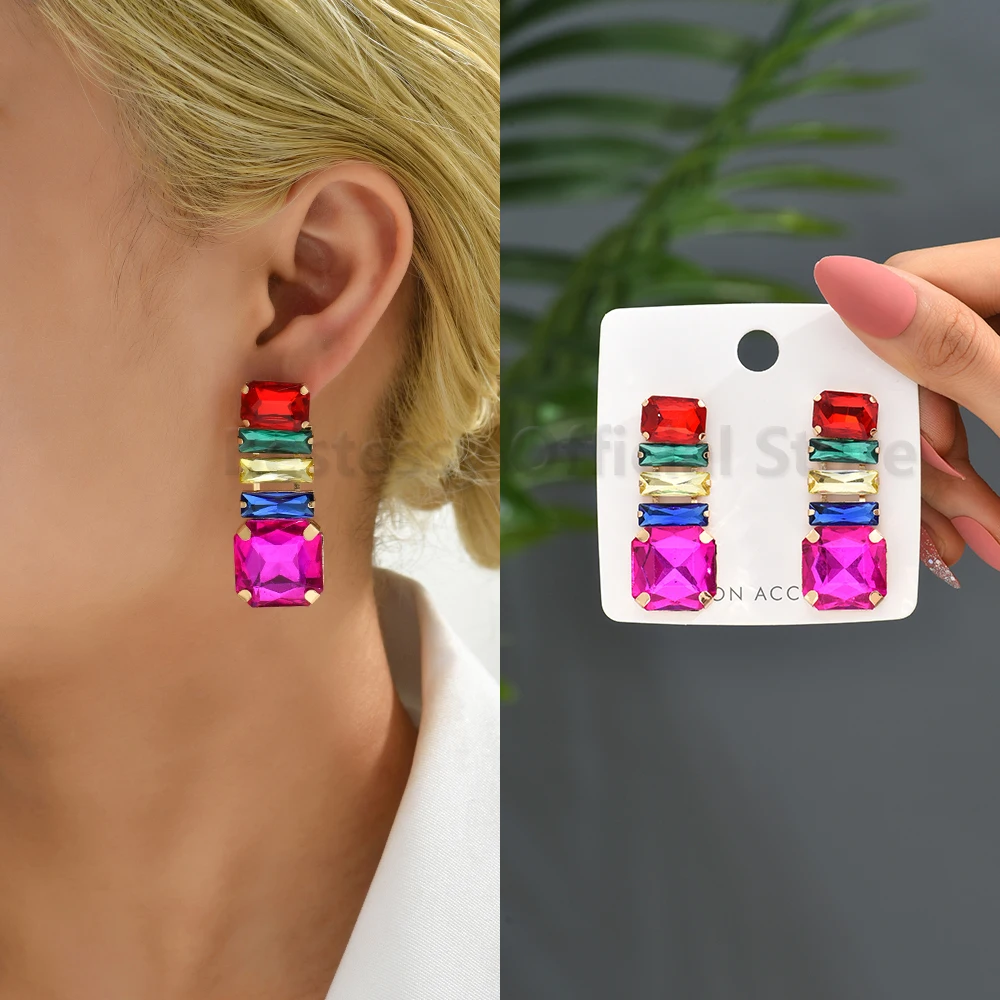 Colorful Square Glass Long Dangle Earrings For Women Luxury Designer High Quality Party Vintage Jewelry Pendant Y2k Accessories